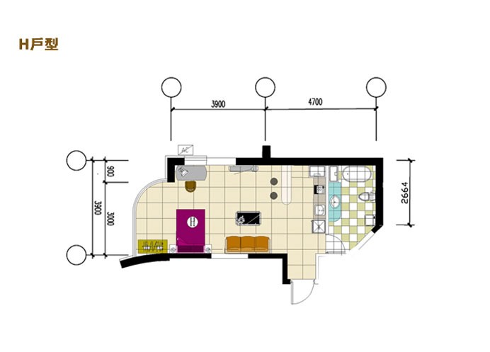 H户型(包括:2-7#楼,建筑面积:46-58m²)
