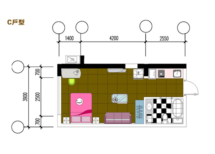 C户型(包括:8-10#楼,建筑面积:42-44m²)